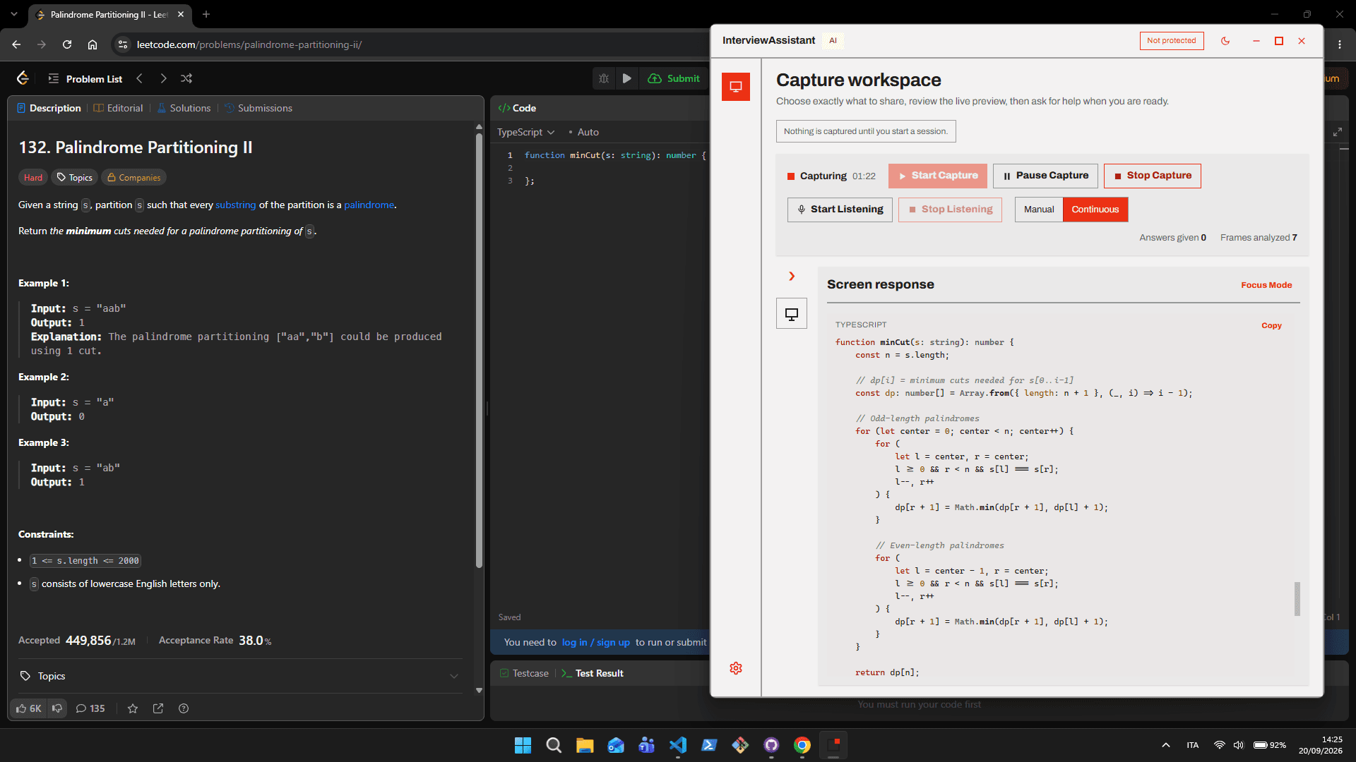 Your screen while the interview is shared: a LeetCode problem in the browser with the Interview Assistant window open on top, showing a TypeScript solution.