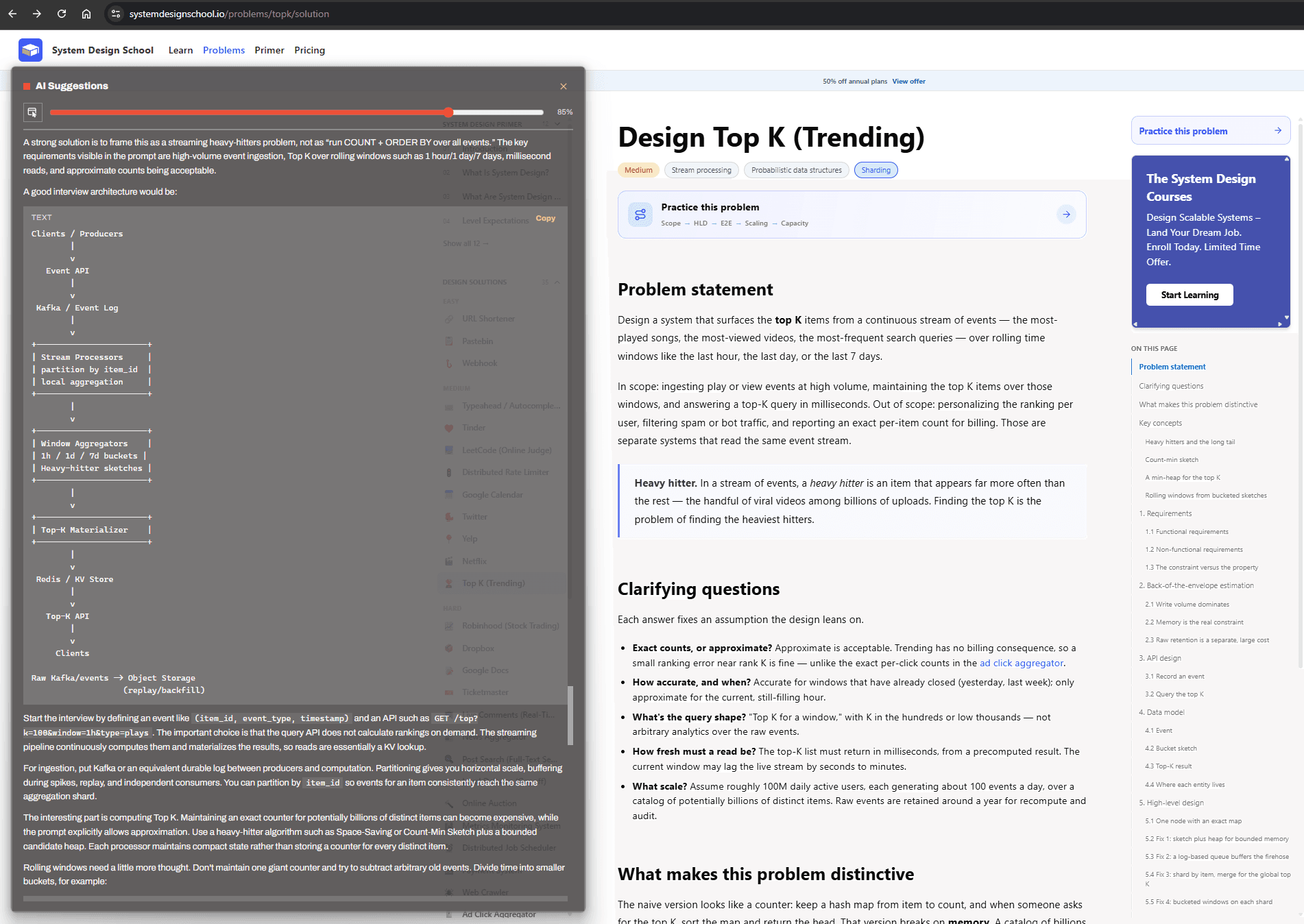 Your screen while presenting: a system design article in the browser with the Interview Assistant's AI Suggestions panel open alongside it.