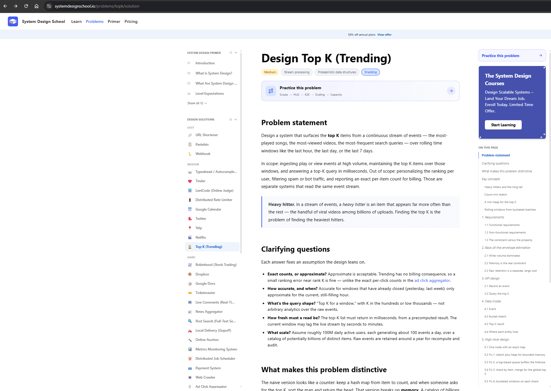 What the interviewer sees of the same shared screen: the system design article alone, with no assistant panel.